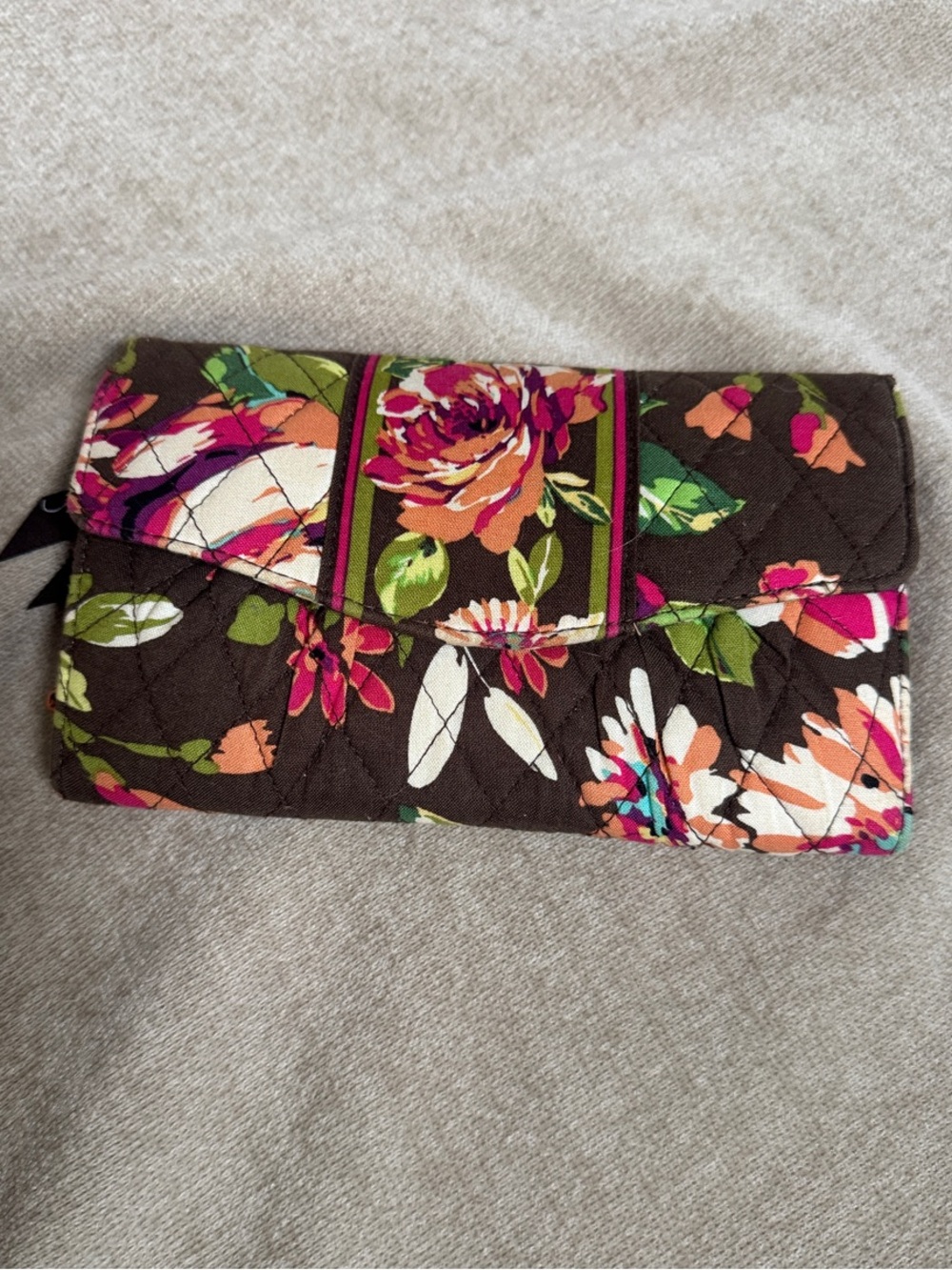 Vera Bradley Brown Floral Quilted Clutch with Pink & Green Accents